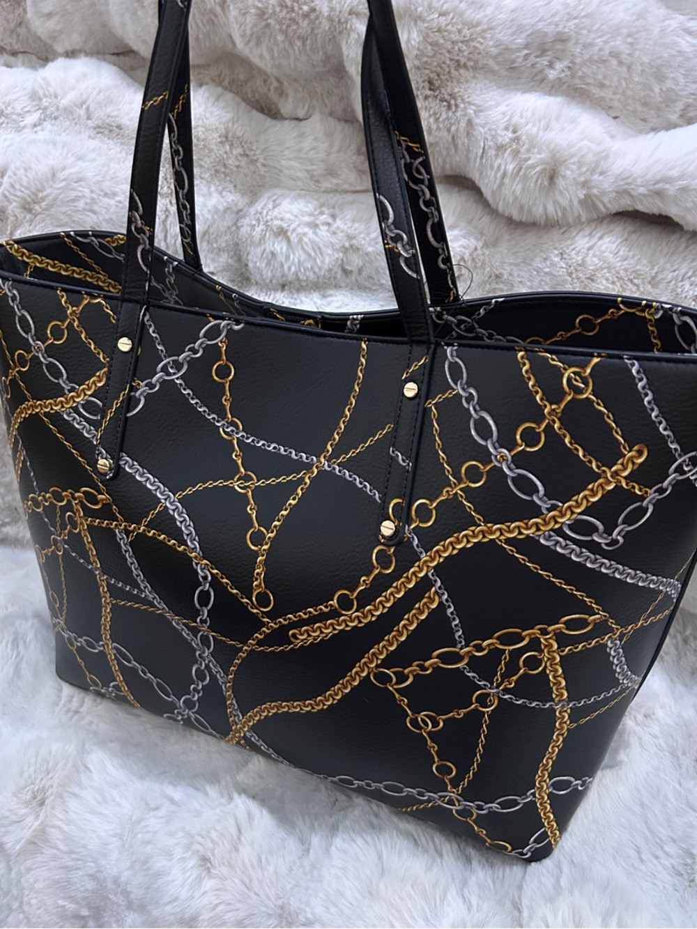 INC International Concepts Zoiey 2-in-1 Chain Print Tote Bag - Black/Gold/Silver